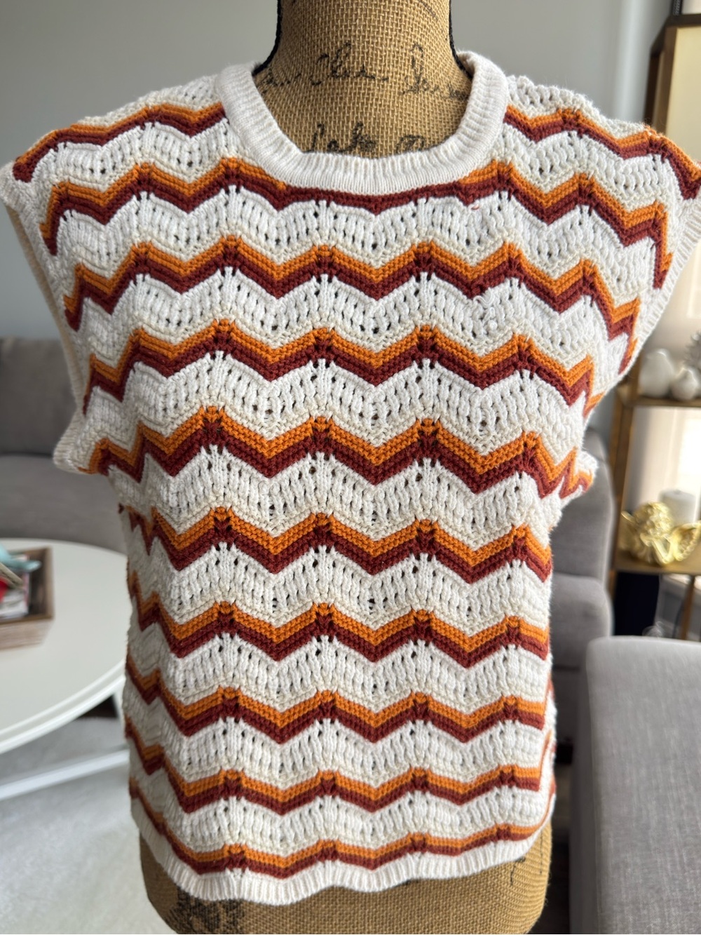 Jessica Simpson Cream Knit Vest with Mustard & Rust Accent Stripes